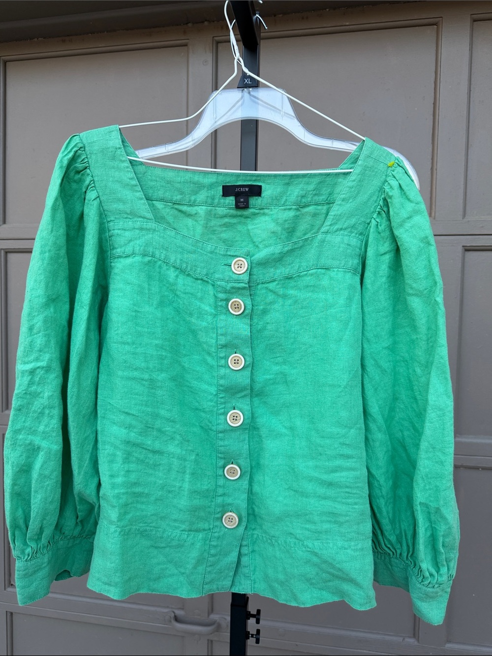 J. Crew Green Linen Button-Front Square Neck Blouse